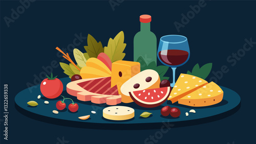 Enjoy a night of indulgence with a charcuterie platter boasting an assortment of cured meats cheeses and olives all to be paired with a glass of your. Vector illustration