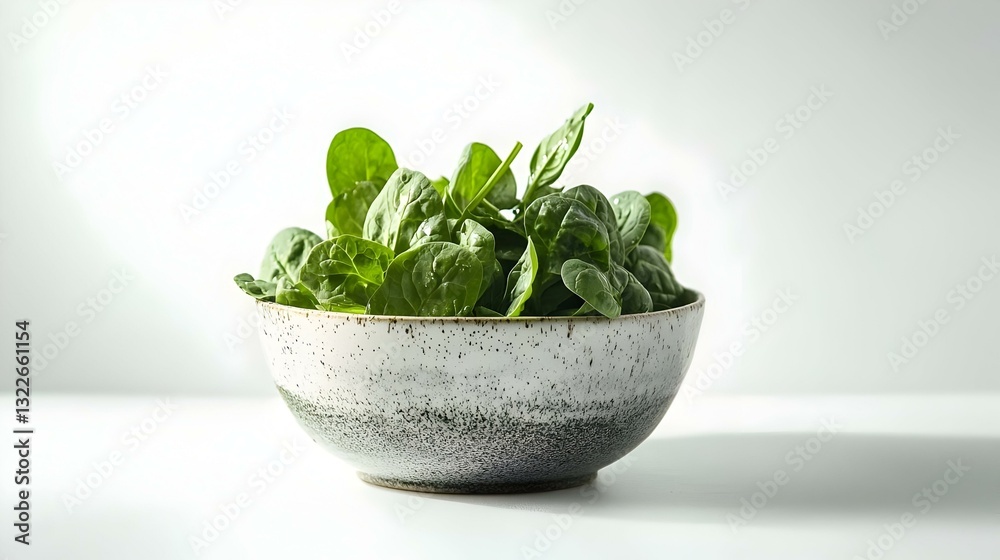 Fototapeta premium Fresh Green Spinach Leaves in a Bowl on White