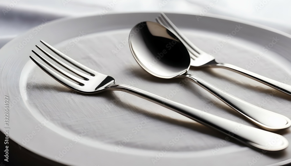 Elegant Silverware Set on White Plate with Shine and Reflection Close Up Elegant Silverware Set on White Plate with Shine and Reflection Close Up