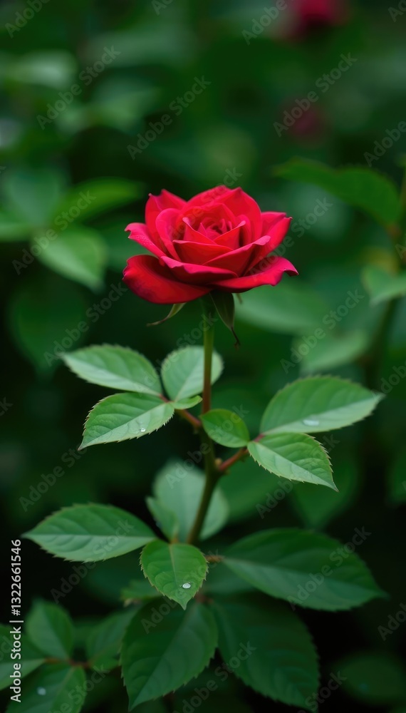 Deep green foliage surrounds a solitary red rose, garden, flora, flowers Deep green foliage surrounds a solitary red rose, garden, flora, flowers