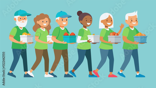A nonprofit organization organizes volunteers to deliver meals and run errands for elderly residents in their community.. Vector illustration