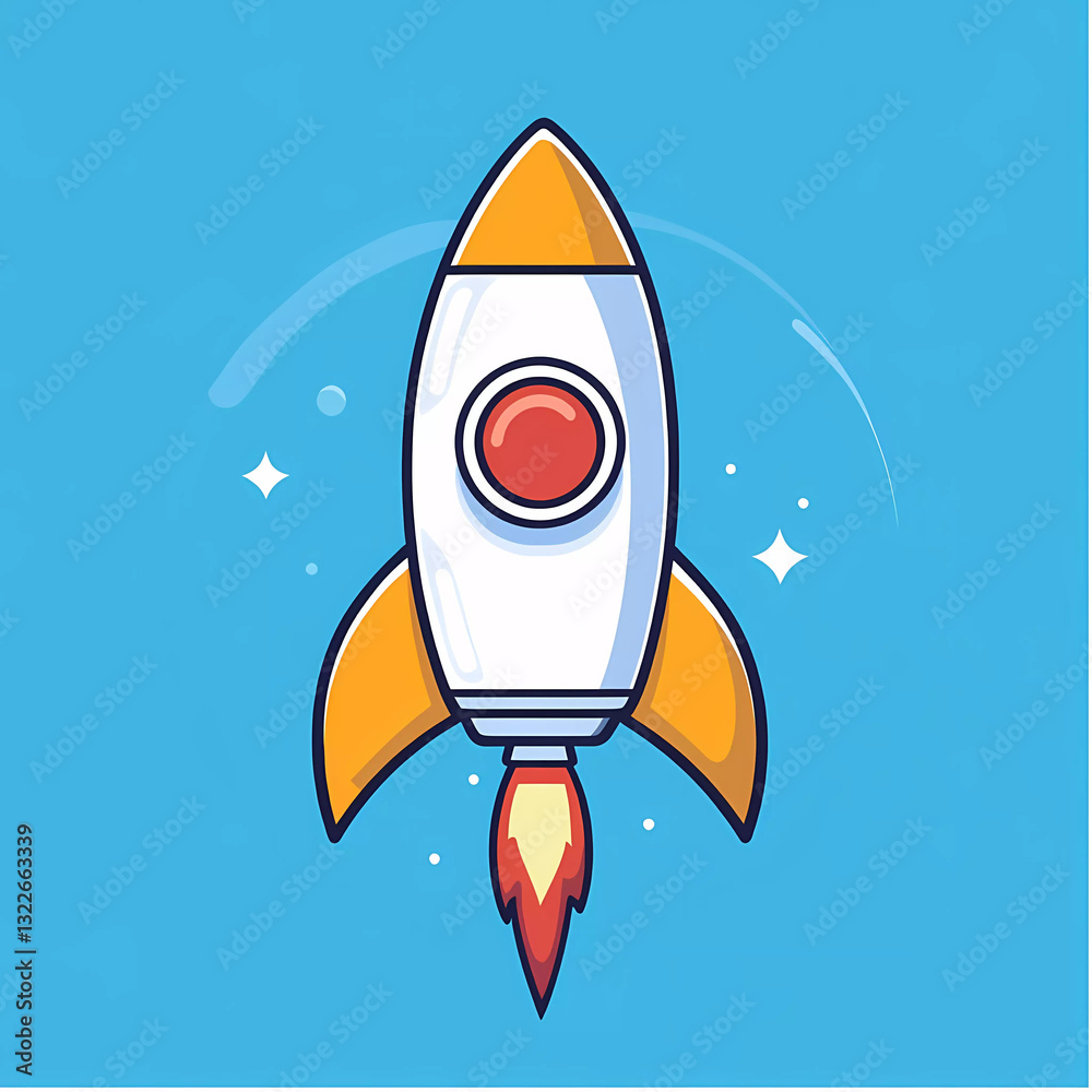 A cartoon rocket, a simple flat illustration style with thick outline lines and solid colors, on a blue background. It is used for graphic design