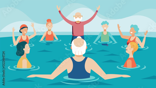 A seasoned instructor leading a group of retirees in a calming water aerobics routine the gentle flow and movement of the water enhancing the theutic benefits for their aging. Vector illustration