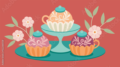 Delicate petit fours decorated with intricate floral designs adding a touch of elegance to the tea table.. Vector illustration