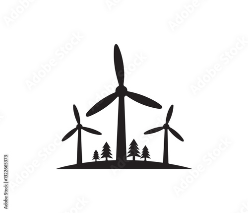 Eco-Friendly Wind Turbines in a Lush Forest Setting. wind turbine icon vector. Windmill silhouette icon. Eolic energy icon. wind power Icon Vector silhouette.