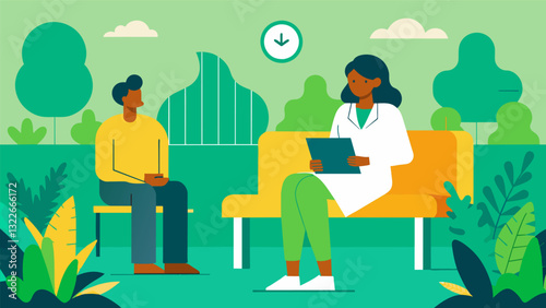 In a waiting room at a doctors office a patient finds peace and relaxation by coloring in a garden scene with shades of green and yellow easing their nerves and reducing stress.. Vector illustration