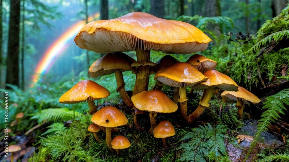 Fototapeta premium A whimsical forest filled with an array of vibrant mushrooms of all shapes and sizes, dotted amongst the ferns and moss covered trees while a radiant rainbow stretches across the sky