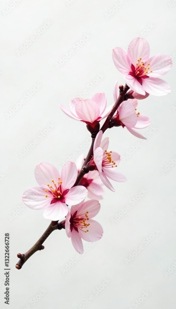 Obraz premium Single cherry blossom branch against a stark white backdrop, showcasing its delicate petals and texture, color, white, tree