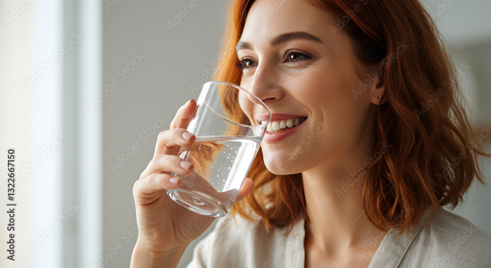 Smiling Woman Drinking Fresh Water at Home Smiling Woman Drinking Fresh Water at Home