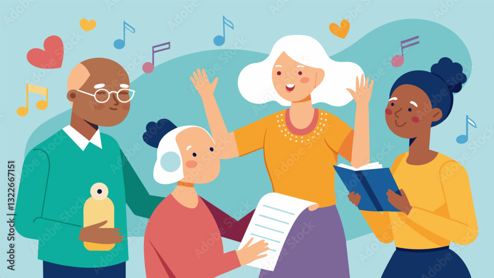 A music therapy session allows seniors to express themselves through song and music promoting emotional wellbeing and creativity.. Vector illustration A music therapy session allows seniors to express themselves through song and music promoting emotional wellbeing and creativity.. Vector illustration