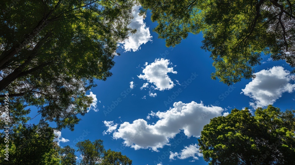 Obraz premium The Blue Sky Seen Through Green Tree Canopy With Clouds