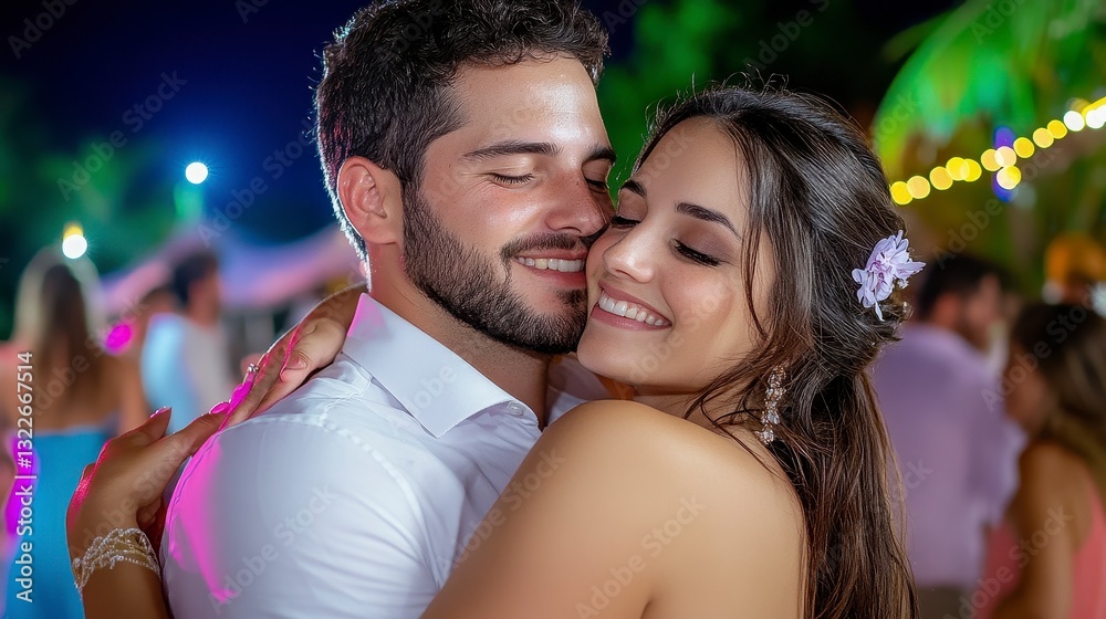 Joyful Couple Embracing at Night Party with Colorful Lights Joyful Couple Embracing at Night Party with Colorful Lights