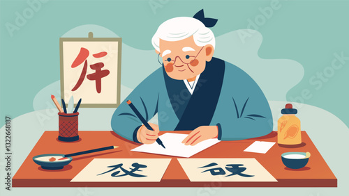 A senior artist offering a demonstration on traditional calligraphy techniques while showcasing their own beautifully crafted calligraphy pieces at the Senior Arts and Crafts Fair.. Vector