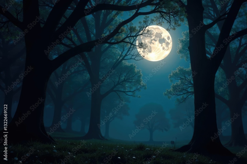 Naklejka premium Twinkling moonlight filters through ancient trees, tree branches, mystic atmosphere