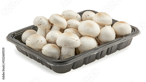 A punnet of white closed cup mushrooms isolated