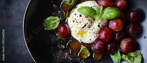 Exquisite Burrata Cheese Platter with Grilled Grapes and Fresh Basil Leaves