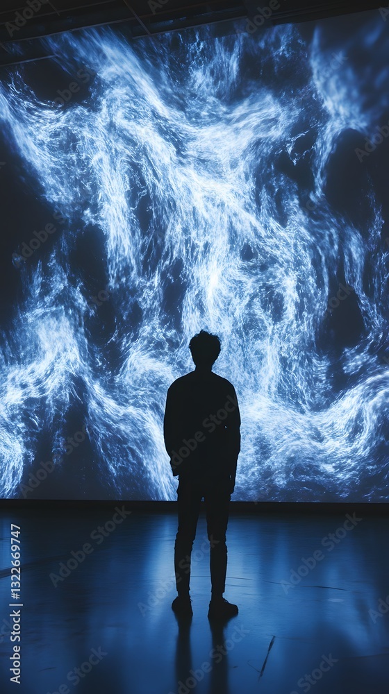 Fototapeta premium An artist standing before a massive 3D projection of their award-winning digital artwork