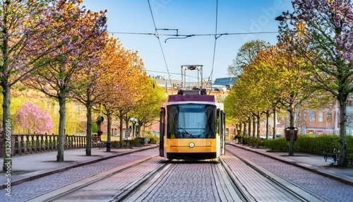 Tram in Blossoming Gothenburg during Springtime Majestic Scene Captures Vibrant Colors and Historic Architecture against a Backdrop of Swirling Clouds photo