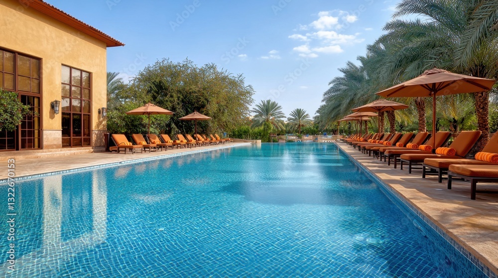 Fototapeta premium The luxurious swimming pool at the hotel pool resort exudes sophistication with its crystal clear waters, stylish umbrella shading a row of plush lounge chairs lined up along the perimeter