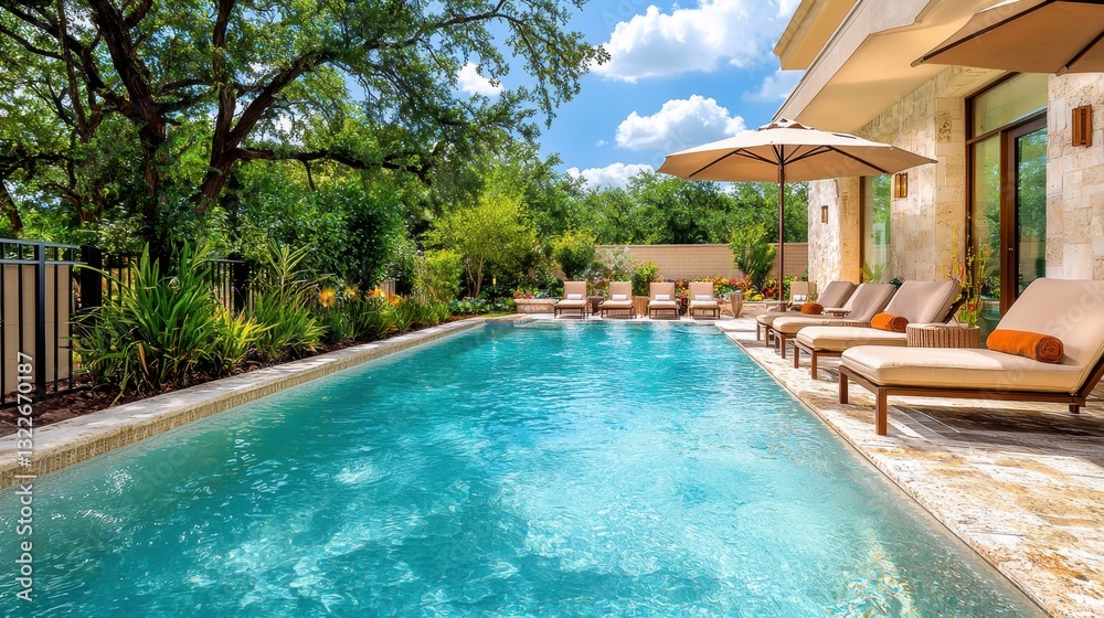 Fototapeta premium The luxurious swimming pool at the hotel pool resort exudes sophistication with its crystal clear waters, stylish umbrella shading a row of plush lounge chairs lined up along the perimeter