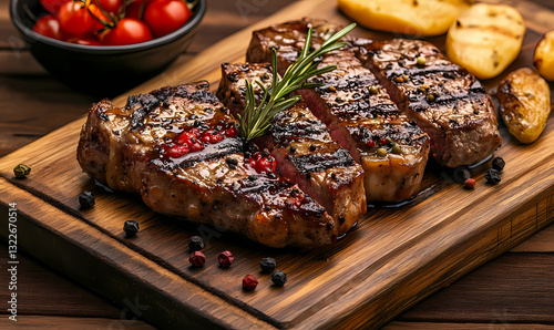 Gourmet Grilled Steak: Savor the mouthwatering appeal of perfectly grilled steak, artfully presented on a rustic wooden board with fresh tomatoes and potatoes.