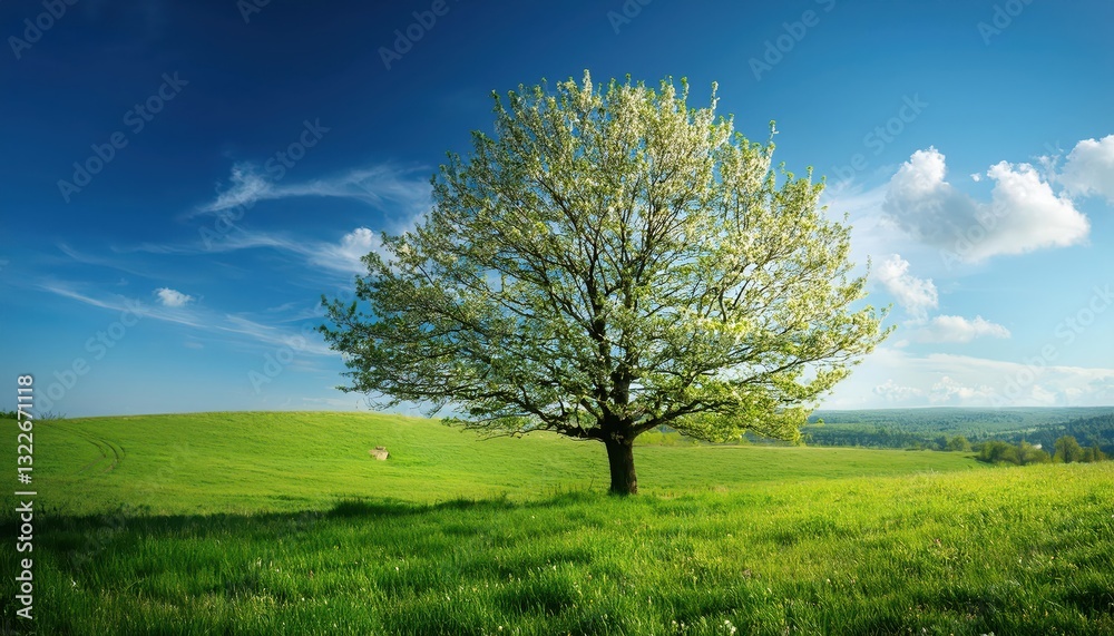 Obraz premium Vibrant Spring Blooms Pink and White Blossoms Illuminating a Majestic Tree Amidst the Quiet Peace of Natures Awakening, Capturing the Essence of Spring in Vivid Detail.