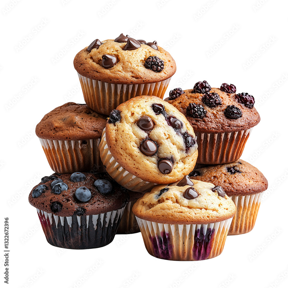 Muffin Collection Set with Double Chocolate Chip Blueberry Cranberry Flavors in Stacked Pile for Artwork Design isolated on transparent background Muffin Collection Set with Double Chocolate Chip Blueberry Cranberry Flavors in Stacked Pile for Artwork Design isolated on transparent background