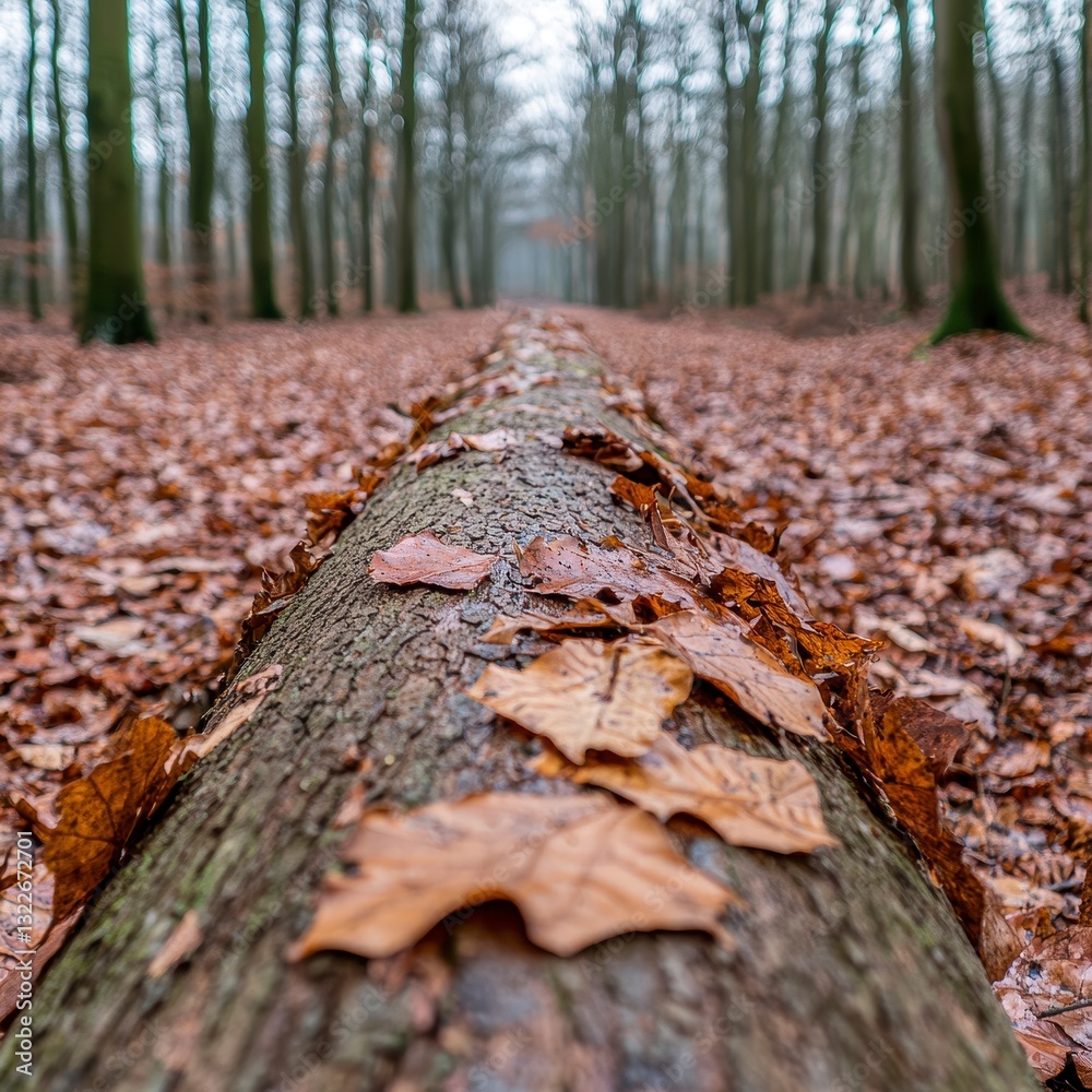 Brown Leaves on Log in Autumn Forest Path Brown Leaves on Log in Autumn Forest Path