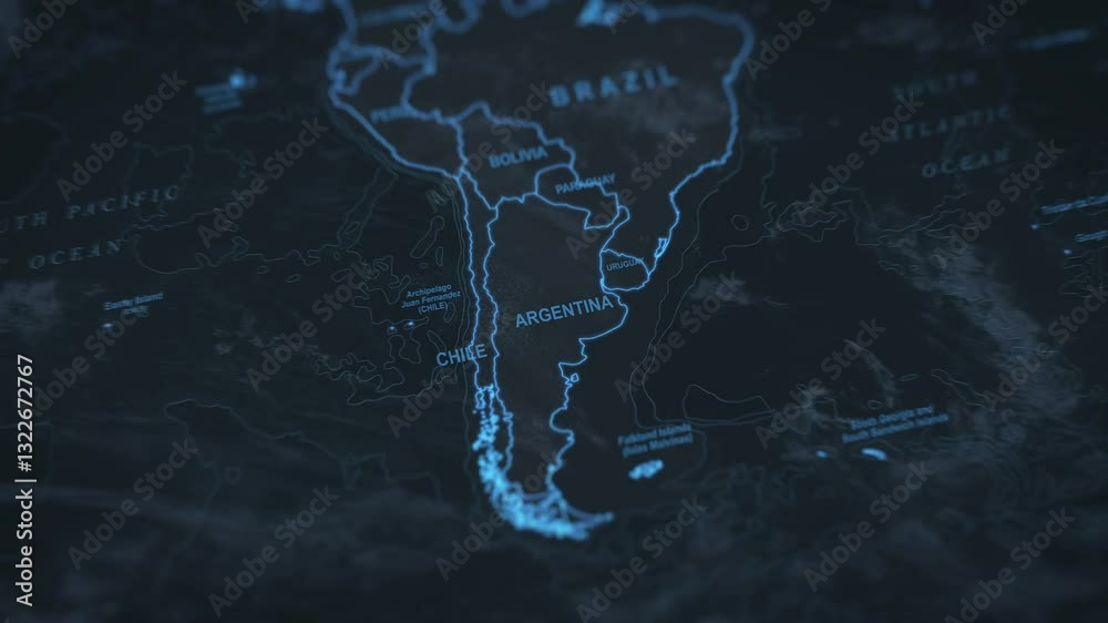 World map animation. Camera zooming in into South America continent, focusing in Argentina