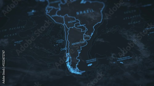 World map animation. Camera zooming in into South America continent, focusing in Argentina