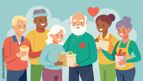 A picture of a group of seniors volunteering at a local charity organization highlighting the importance of giving back and staying active in the community during the aging. Vector illustration