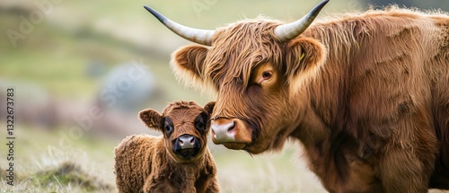 Close Up of a Highland Cow and Her Calf - Beautiful Portrait of Scottish Cattle Family