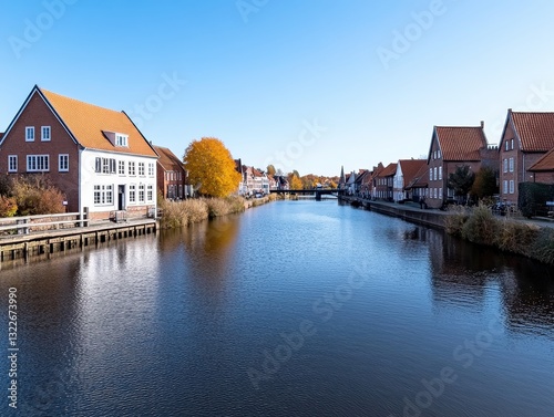 Scenic autumn view of a calm river with colorful trees and quaint houses