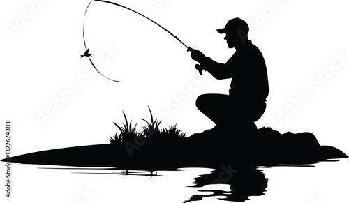 Man fishing from a lake coast silhouettes