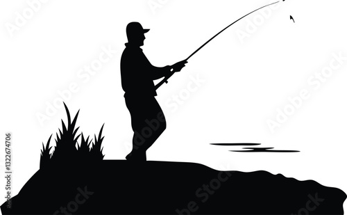 Man fishing from a lake coast silhouettes