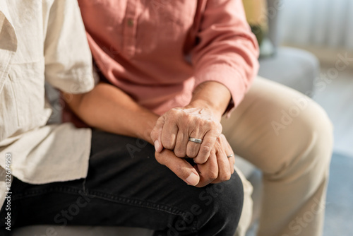 Close up of elderly wife comfort husband crying for problem. photo