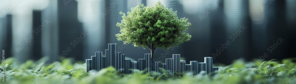 Obraz premium Tree emerging from statistics bars, representing growth and progress in business, clean, modern, and highly detailed 8K render