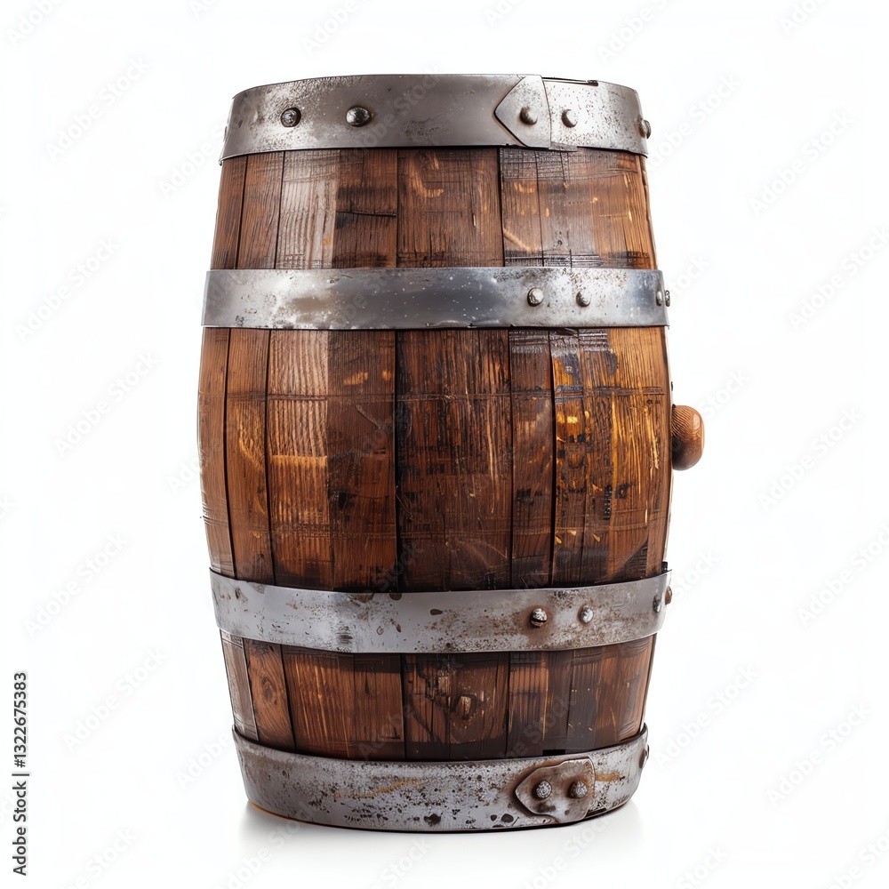 Fototapeta premium Isolated Wooden Barrel with Metal Hoops on a Clean White Background