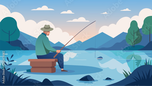 A senior man fishing alone on a peaceful lake finding solace and healing in the tranquil setting.. Vector illustration