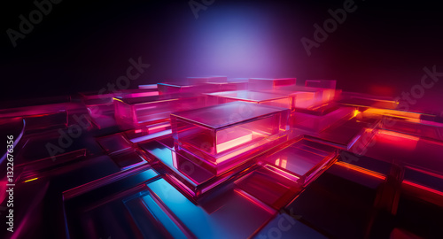 Vibrant illuminated glass blocks form an abstract futuristic structure against a dark backdrop, showcasing a modern digital design with neon pink and blue hues.