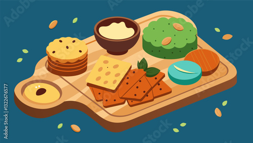Indulge in the comfort of homemade nut butters and artisan crackers on this charming tasting board.. Vector illustration