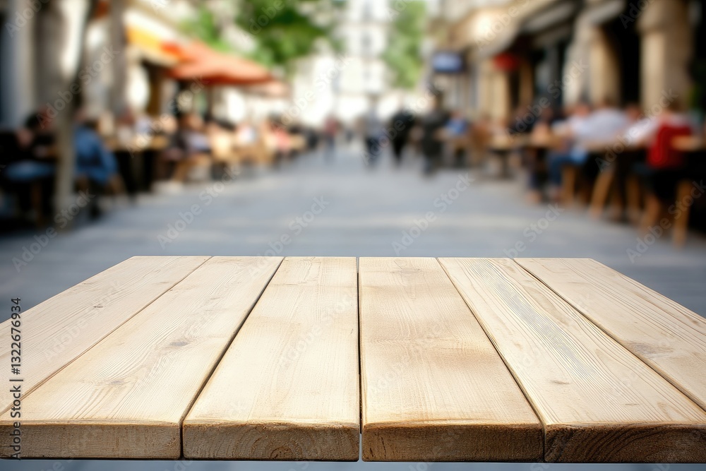 Empty wooden table on city street cafe Empty wooden table on city street cafe