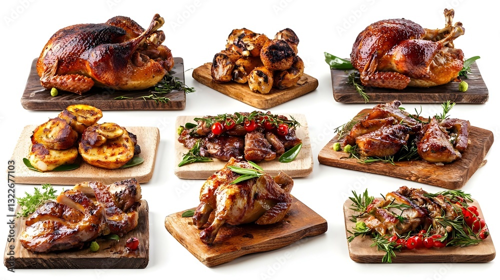 Set of delicious roasted turkey on white