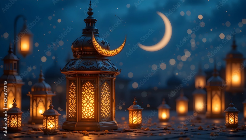 Fototapeta premium Beautiful Ramadan Lanterns with Crescent Moon and Starry Night - Islamic Festive Lights for Eid and Ramadan Celebration