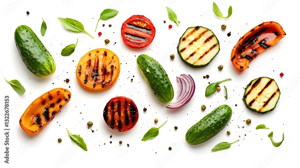 Falling grilled vegetable slices isolated Falling grilled vegetable slices isolated