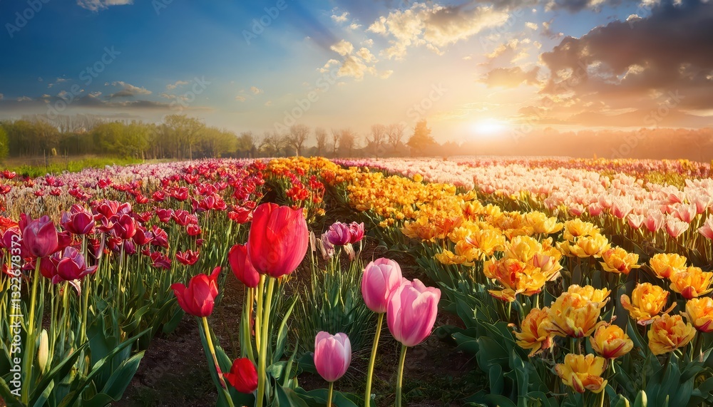 Vibrant Tulip Blossoms Basking in Sunshine on a Warm Spring Day, Illuminating Joy and Optimism with Bright Colors, Painted in Soft Light and Textures. Vibrant Tulip Blossoms Basking in Sunshine on a Warm Spring Day, Illuminating Joy and Optimism with Bright Colors, Painted in Soft Light and Textures.