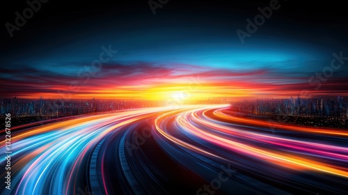 Vibrant light trails on winding road sunset.