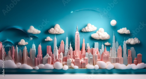 A whimsical pastel cityscape features soft pink, white, and blue buildings beneath fluffy clouds, all set against a calming teal background.