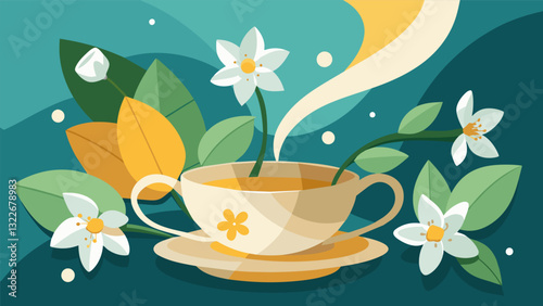 The delicate floral aroma of jasmine tea permeating the room.. Vector illustration