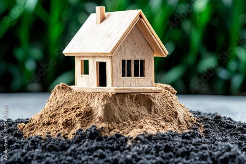 A miniature wooden house sits on a mound of dirt, surrounded by dark soil, representing construction or real estate themes in a natural setting.